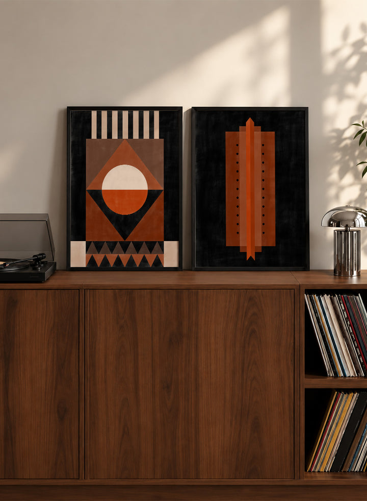 Shop Geometric Rhythm by Elena Ristova, a set of 2 modern wall art prints posters featuring folded stripes, stacked forms, terracotta tones, and bold graphic pattern.