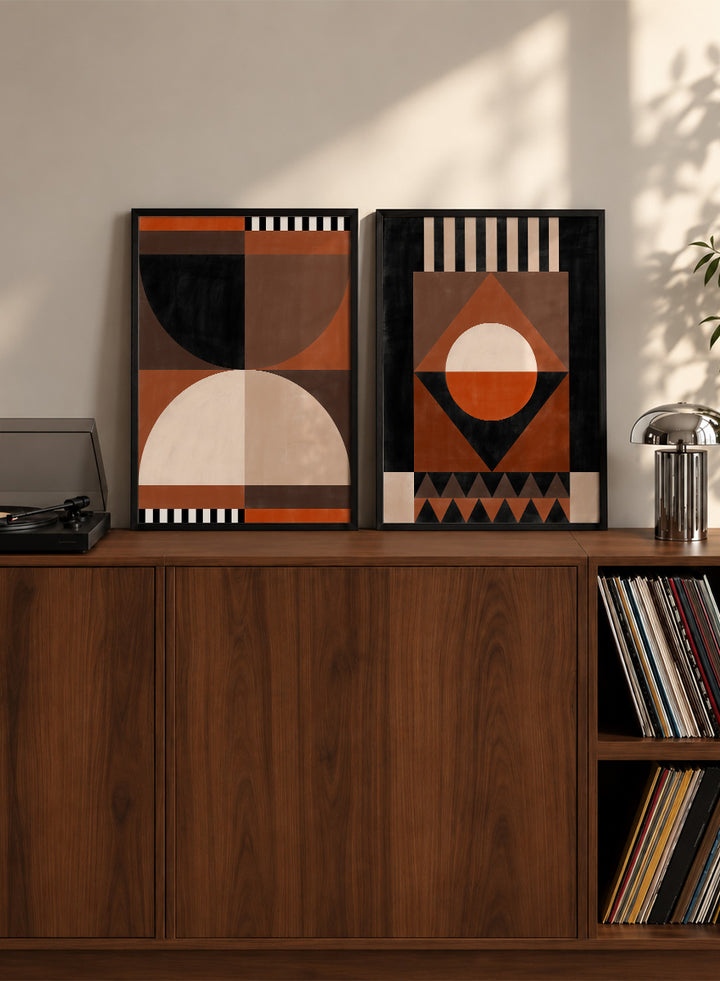 Shop Modern Earth Geometry by Elena Ristova, a set of 2 modern abstract wall art prints posters featuring circles, triangles, stripes, and warm earthy tones.