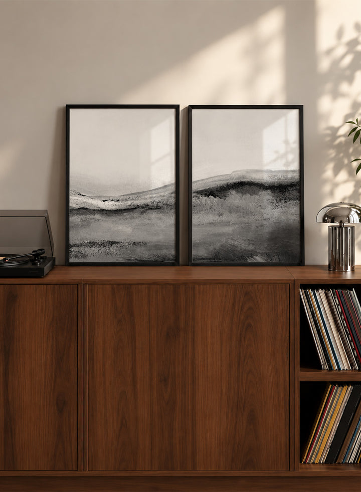 Shop Mono Landscape No.02 by Dan Hobday, a set of 2 black and white landscape wall art prints posters featuring layered hills and soft black and white tones.