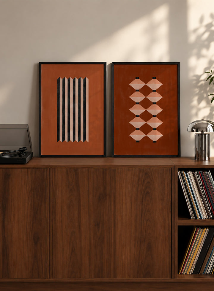 Shop Geometric Rhythm by Elena Ristova, a set of 2 modern wall art prints posters featuring folded stripes, stacked forms, terracotta tones, and bold graphic pattern.