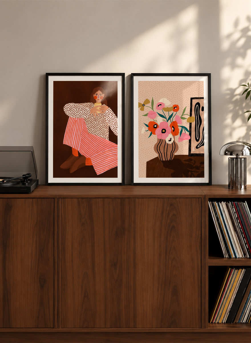 Shop Autumn Mood by Bea Müller, a set of 2 wall art prints posters pairing a modern figurative portrait with a floral still life in warm brown tones.