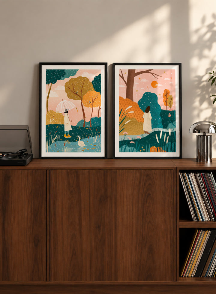 Shop Autumn Wanderings by Bea Müller, a set of 2 autumn wall art prints posters featuring women walking through colorful seasonal landscapes in green, orange and pink tones.