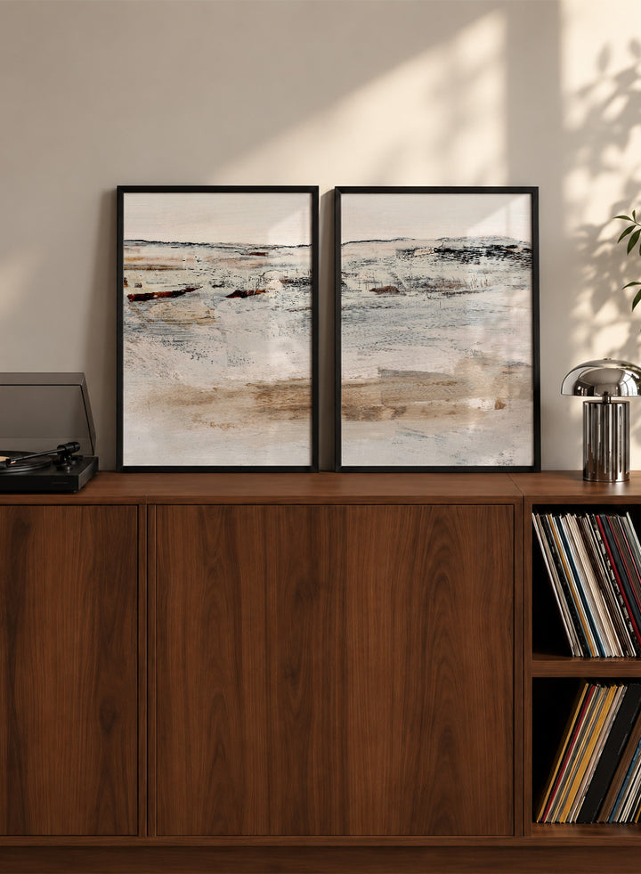 Shop August by Dan Hobday, a set of 2 abstract landscape wall art prints posters featuring a soft horizon, weathered texture, and warm cream tones.
