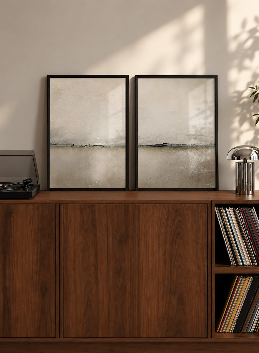 Shop Sunlight Bay by Dan Hobday, a set of 2 minimalist landscape wall art prints posters featuring a soft horizon, open water, and warm brown and cream tones.