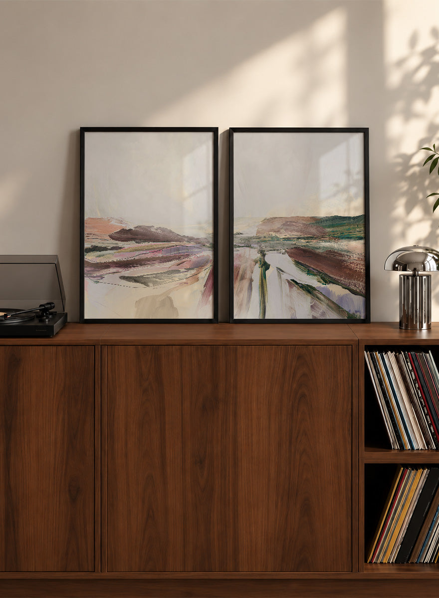 Shop Beauty by Dan Hobday, a set of 2 abstract landscape wall art prints posters featuring layered brushwork, open horizons, and soft brown and purple tones.