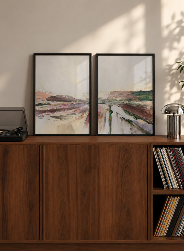Shop Beauty by Dan Hobday, a set of 2 abstract landscape wall art prints posters featuring layered brushwork, open horizons, and soft brown and purple tones.