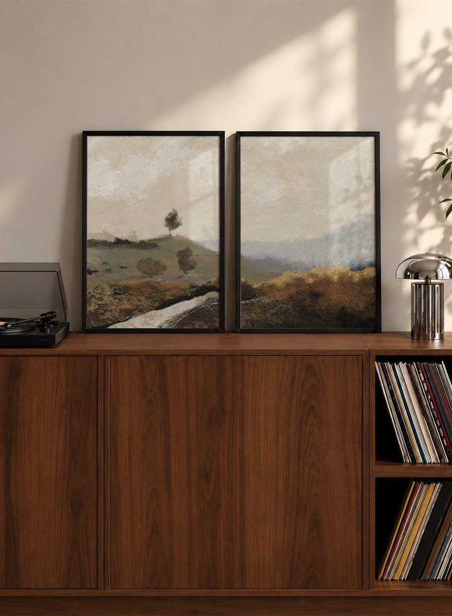 Shop La Collina by Dan Hobday, a set of 2 landscape wall art prints posters featuring rolling hills, winding paths, and warm earthy countryside tones.