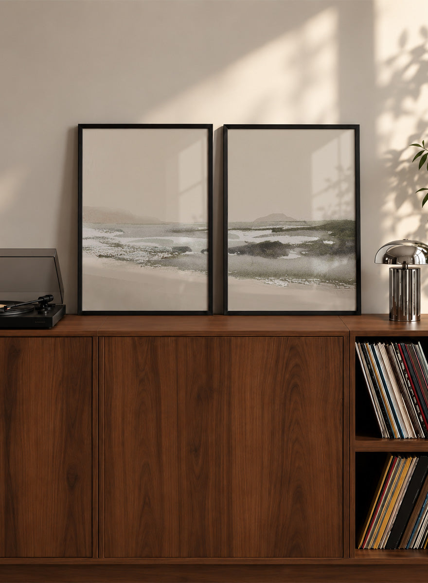 Shop Calm Beach by Dan Hobday, a set of 2 coastal landscape wall art prints posters capturing tidal sandbars, distant islands, and a quiet shoreline.