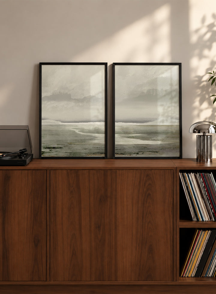 Shop Lakes by Dan Hobday, a set of 2 landscape wall art prints posters featuring misty water, distant trees, and soft green lake scenery.