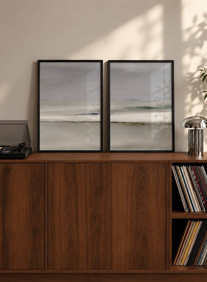 Shop Horizon by Dan Hobday, a set of 2 minimalist landscape wall art prints posters featuring soft gray seascapes, open water, and a quiet horizon.