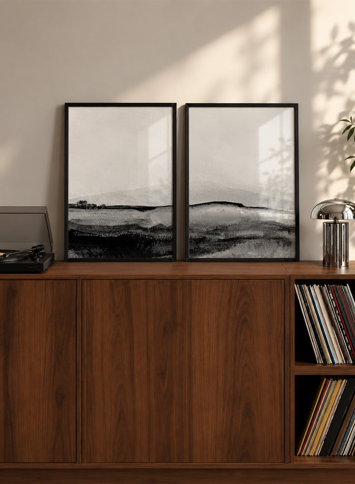 Shop Mono Landscape No.01 by Dan Hobday, a set of 2 black and white landscape wall art prints posters featuring layered hills and moody monochrome gray scenery.