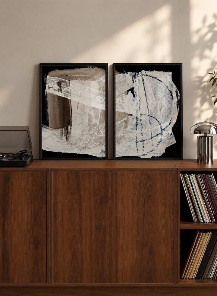 Shop Mind Art Print Set of 2 by Dan Hobday, an abstract wall art print poster pair with layered white brown brushwork and bold black contrast.