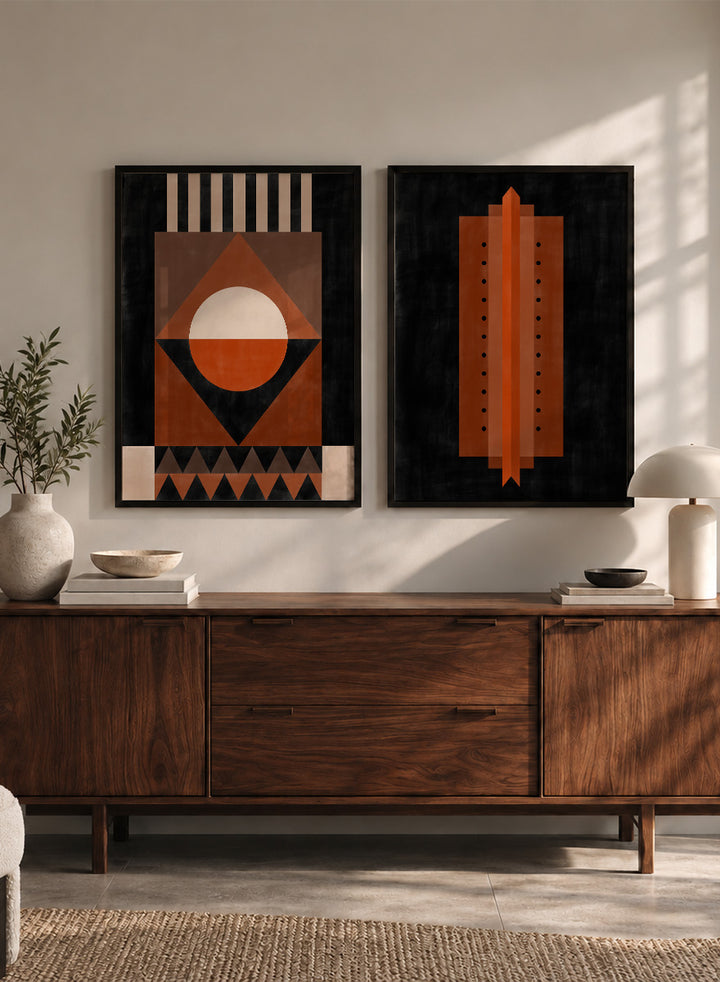 Shop Geometric Rhythm by Elena Ristova, a set of 2 modern wall art prints posters featuring folded stripes, stacked forms, terracotta tones, and bold graphic pattern.