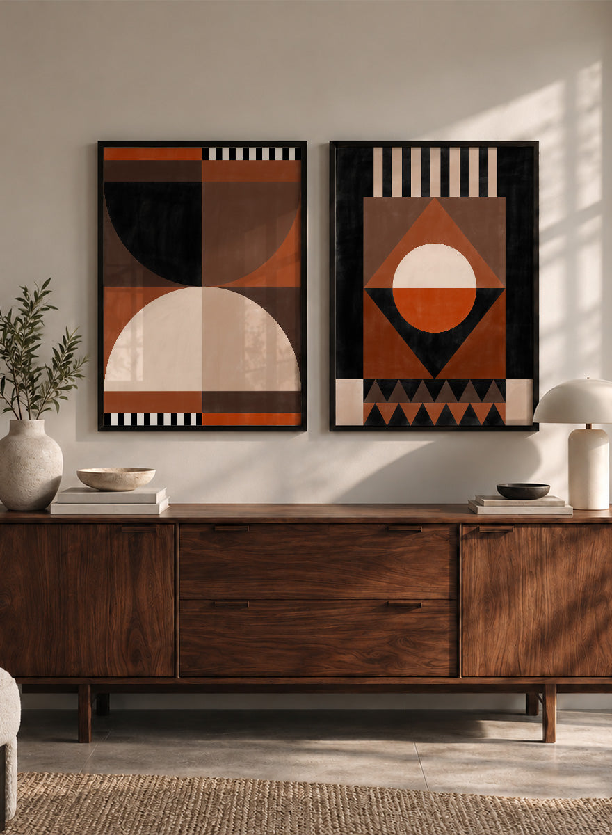 Shop Modern Earth Geometry by Elena Ristova, a set of 2 modern abstract wall art prints posters featuring circles, triangles, stripes, and warm earthy tones.