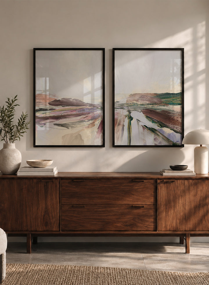 Shop Beauty by Dan Hobday, a set of 2 abstract landscape wall art prints posters featuring layered brushwork, open horizons, and soft brown and purple tones.
