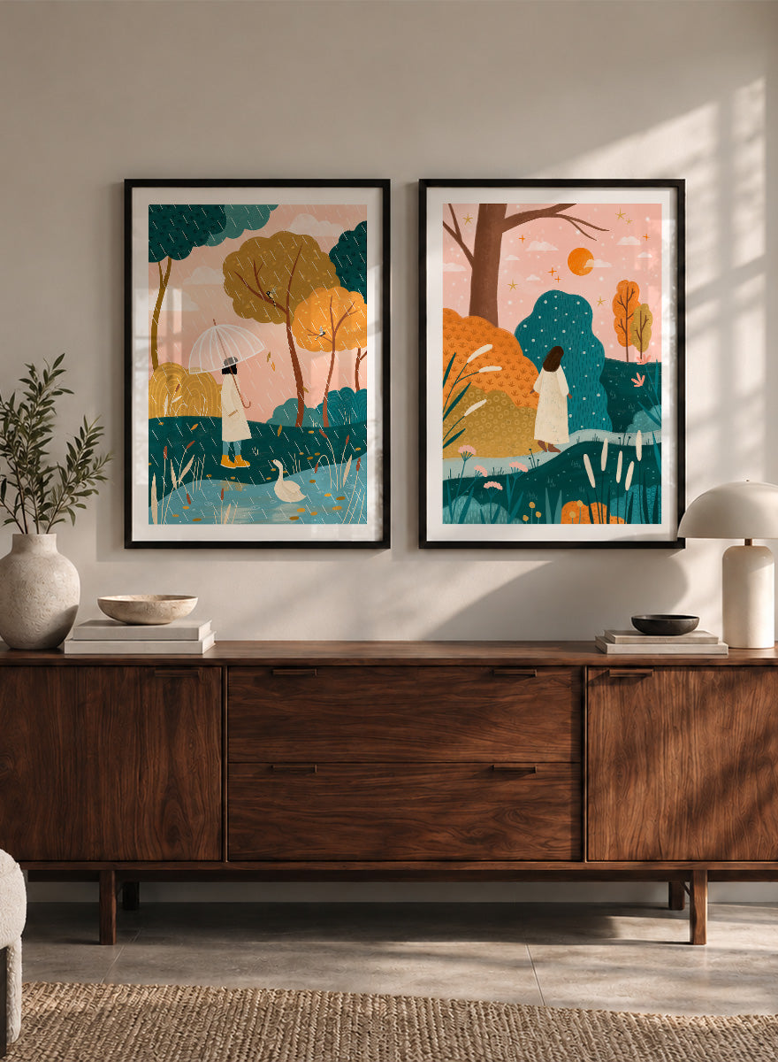 Shop Autumn Wanderings by Bea Müller, a set of 2 autumn wall art prints posters featuring women walking through colorful seasonal landscapes in green, orange and pink tones.