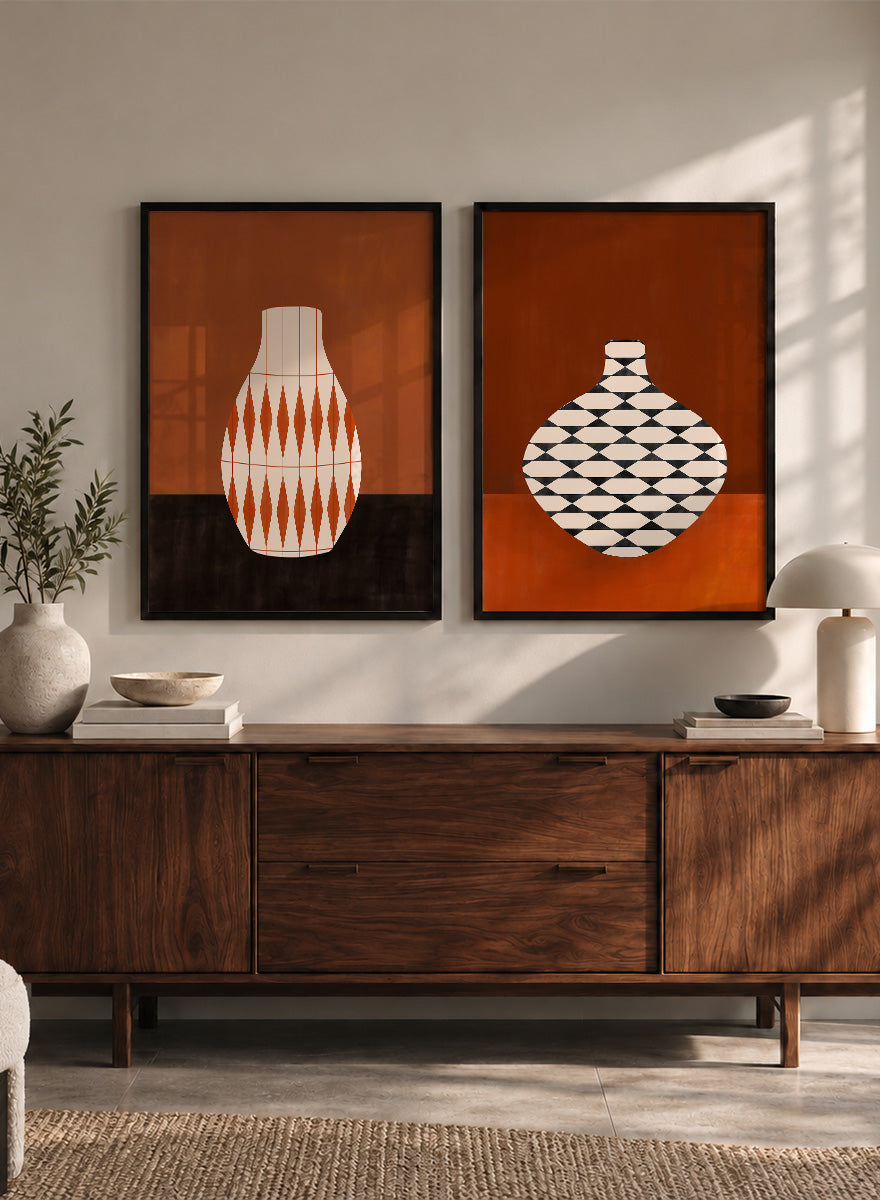 Shop Geometric Vase by Elena Ristova, a set of 2 modern wall art prints posters featuring bold patterned vases in orange, brown, black, and rich rust tones.