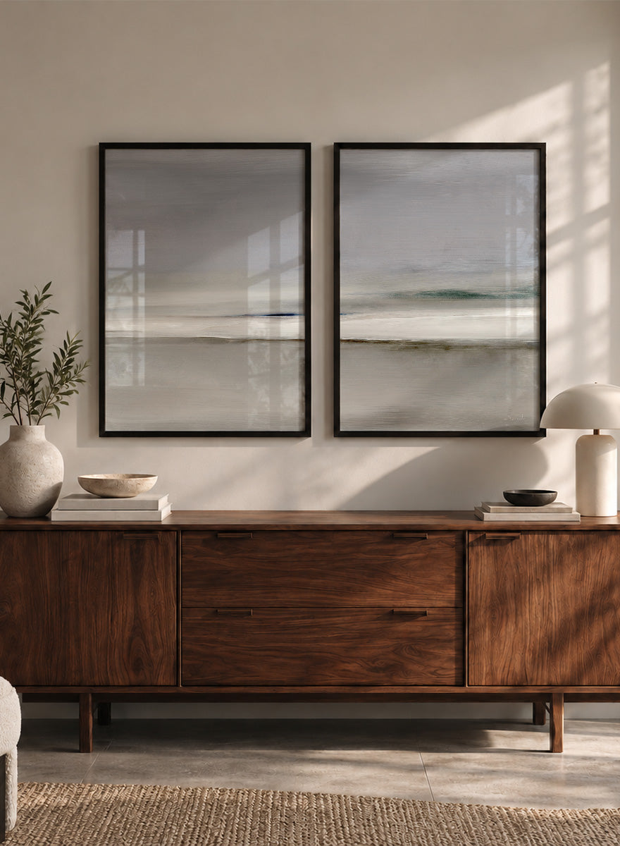 Shop Horizon by Dan Hobday, a set of 2 minimalist landscape wall art prints posters featuring soft gray seascapes, open water, and a quiet horizon.