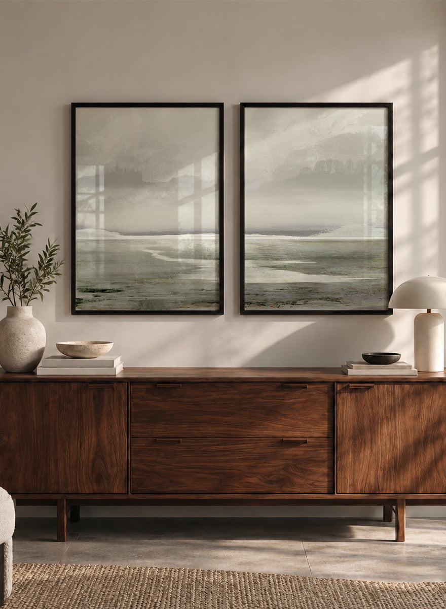 Shop Lakes by Dan Hobday, a set of 2 landscape wall art prints posters featuring misty water, distant trees, and soft green lake scenery.