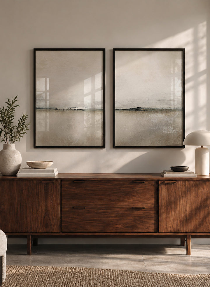 Shop Sunlight Bay by Dan Hobday, a set of 2 minimalist landscape wall art prints posters featuring a soft horizon, open water, and warm brown and cream tones.