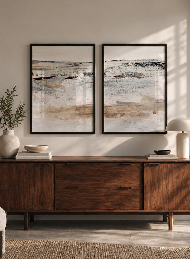 Shop August by Dan Hobday, a set of 2 abstract landscape wall art prints posters featuring a soft horizon, weathered texture, and warm cream tones.