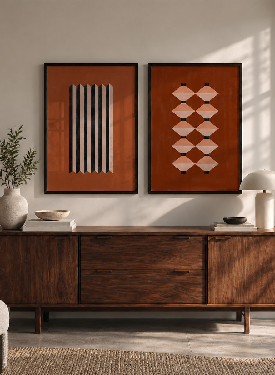 Shop Geometric Rhythm by Elena Ristova, a set of 2 modern wall art prints posters featuring folded stripes, stacked forms, terracotta tones, and bold graphic pattern.
