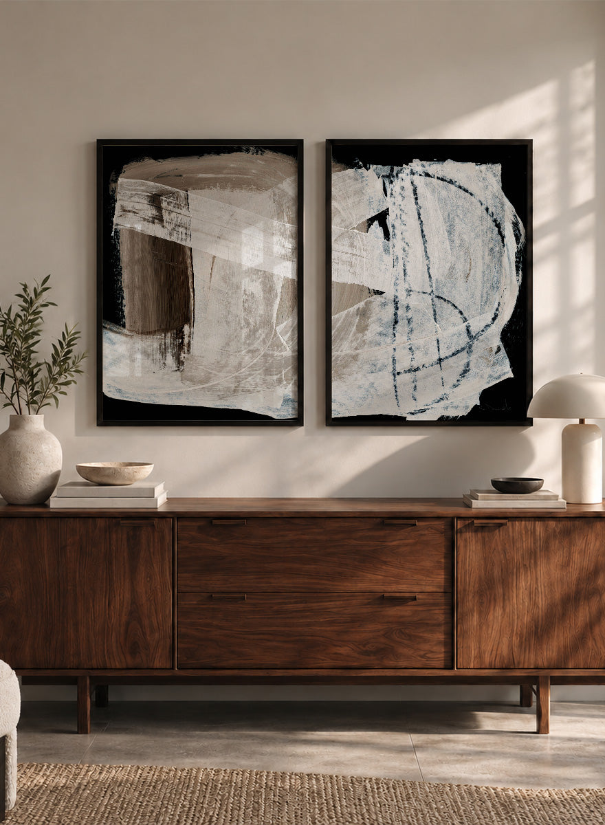 Shop Mind Art Print Set of 2 by Dan Hobday, an abstract wall art print poster pair with layered white brown brushwork and bold black contrast.