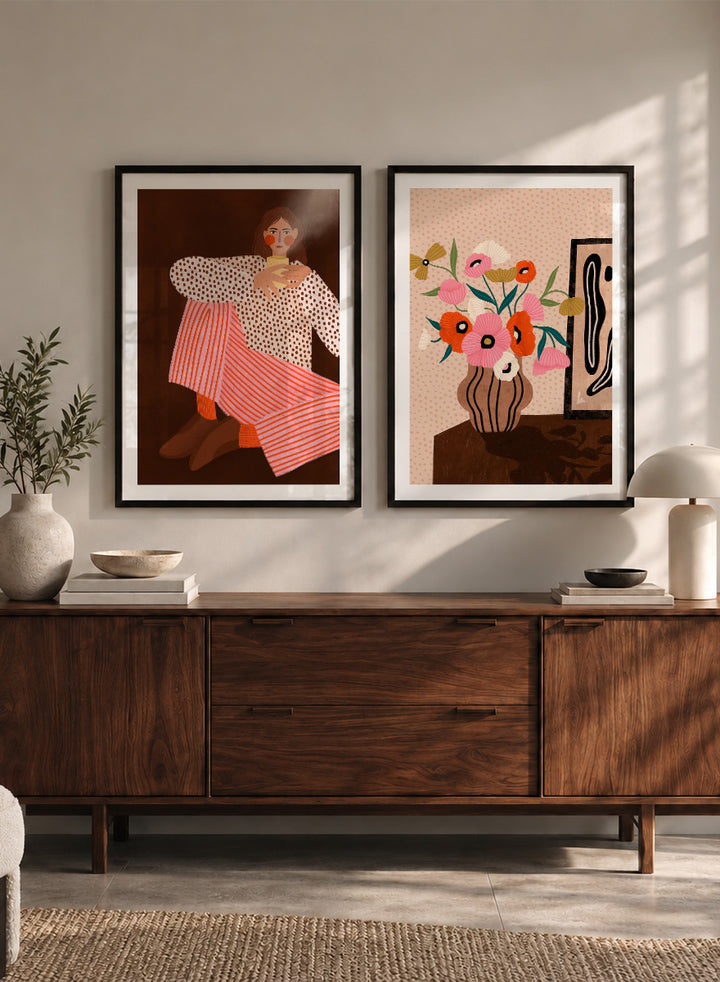 Shop Autumn Mood by Bea Müller, a set of 2 wall art prints posters pairing a modern figurative portrait with a floral still life in warm brown tones.
