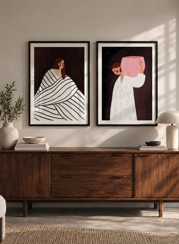 Shop In Her Own World by Bea Müller, a set of 2 figurative wall art prints posters featuring modern women, bold stripes, pink accents, and rich brown tones.