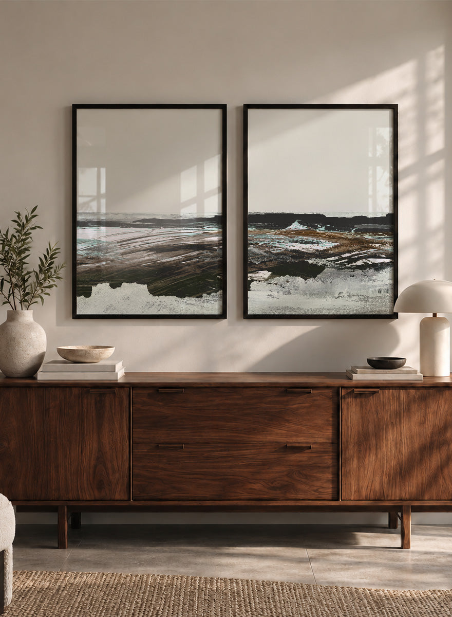 Shop Constantine Bay by Dan Hobday, a set of 2 coastal landscape wall art prints posters featuring windswept shoreline, surf, and muted blue-brown tones.