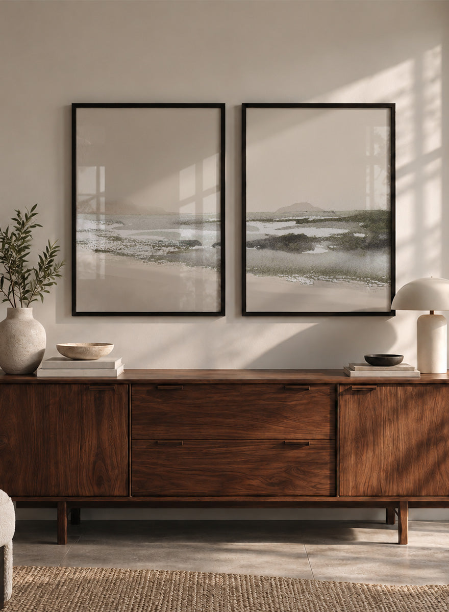 Shop Calm Beach by Dan Hobday, a set of 2 coastal landscape wall art prints posters capturing tidal sandbars, distant islands, and a quiet shoreline.