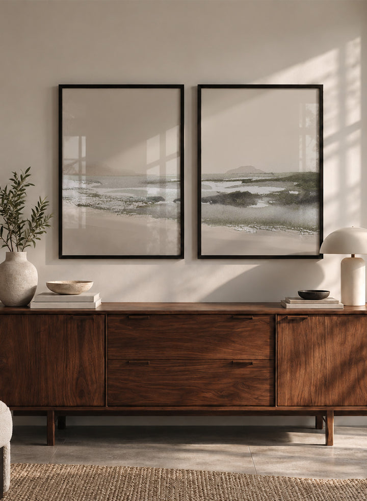 Shop Calm Beach by Dan Hobday, a set of 2 coastal landscape wall art prints posters capturing tidal sandbars, distant islands, and a quiet shoreline.