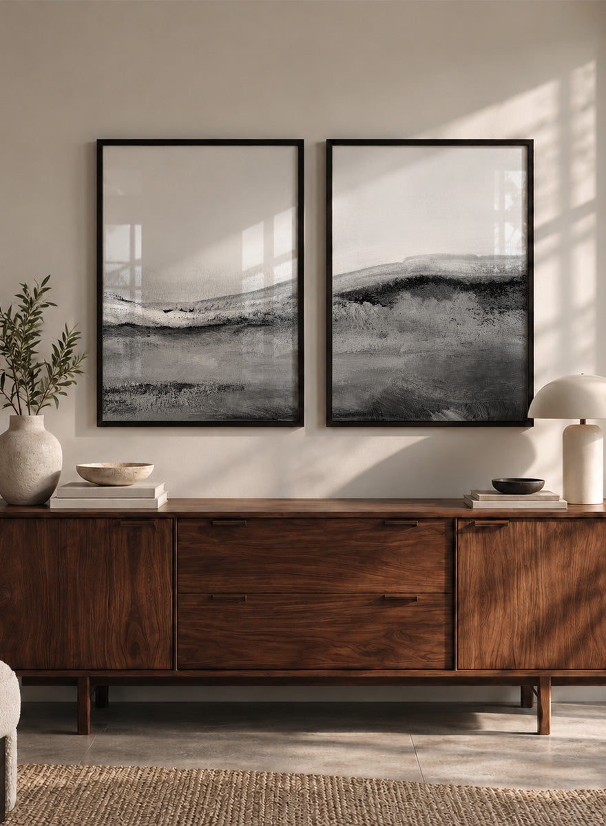 Shop Mono Landscape No.02 by Dan Hobday, a set of 2 black and white landscape wall art prints posters featuring layered hills and soft black and white tones.