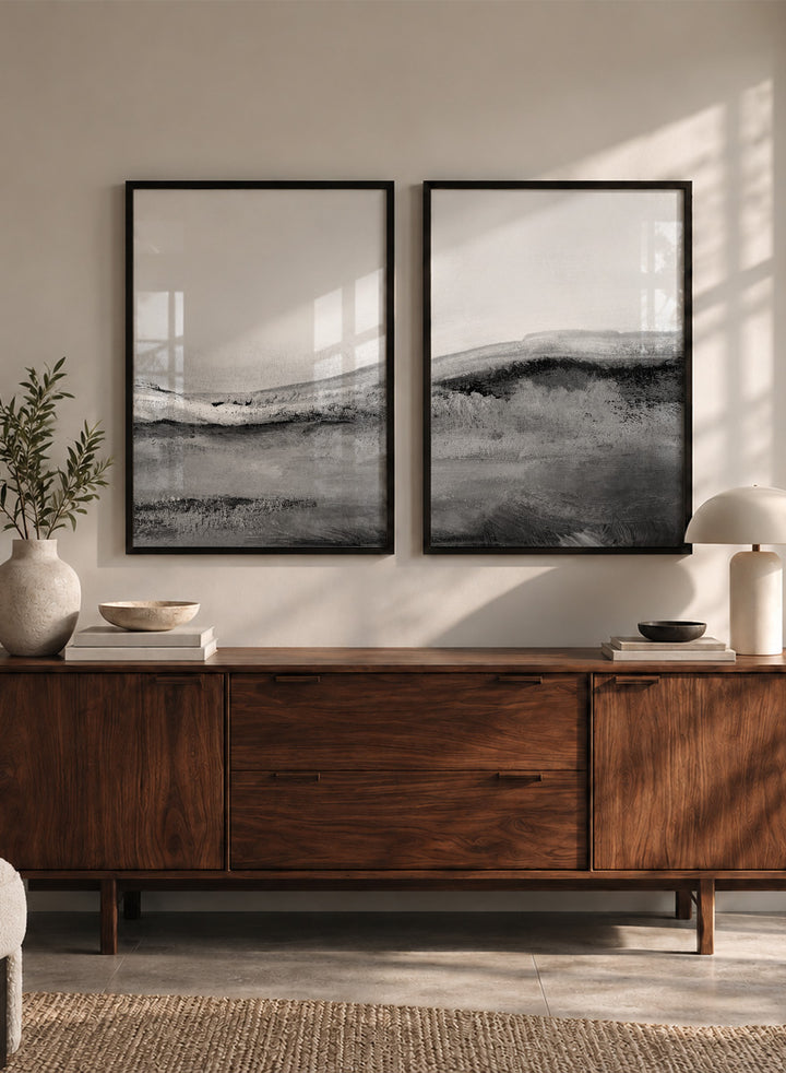 Shop Mono Landscape No.02 by Dan Hobday, a set of 2 black and white landscape wall art prints posters featuring layered hills and soft black and white tones.