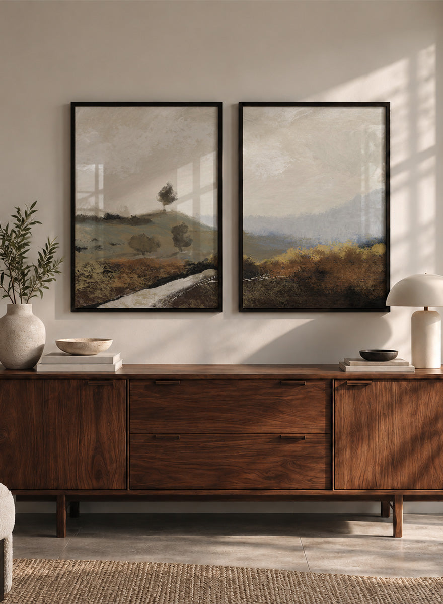 Shop La Collina by Dan Hobday, a set of 2 landscape wall art prints posters featuring rolling hills, winding paths, and warm earthy countryside tones.