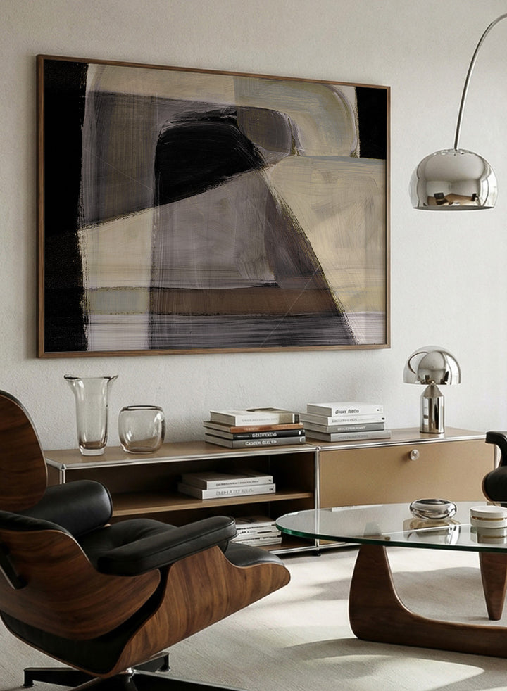 Shop Moods by Dan Hobday, a contemporary abstract art print featuring layered geometric forms, black, taupe, cream, and muted neutral brushwork.