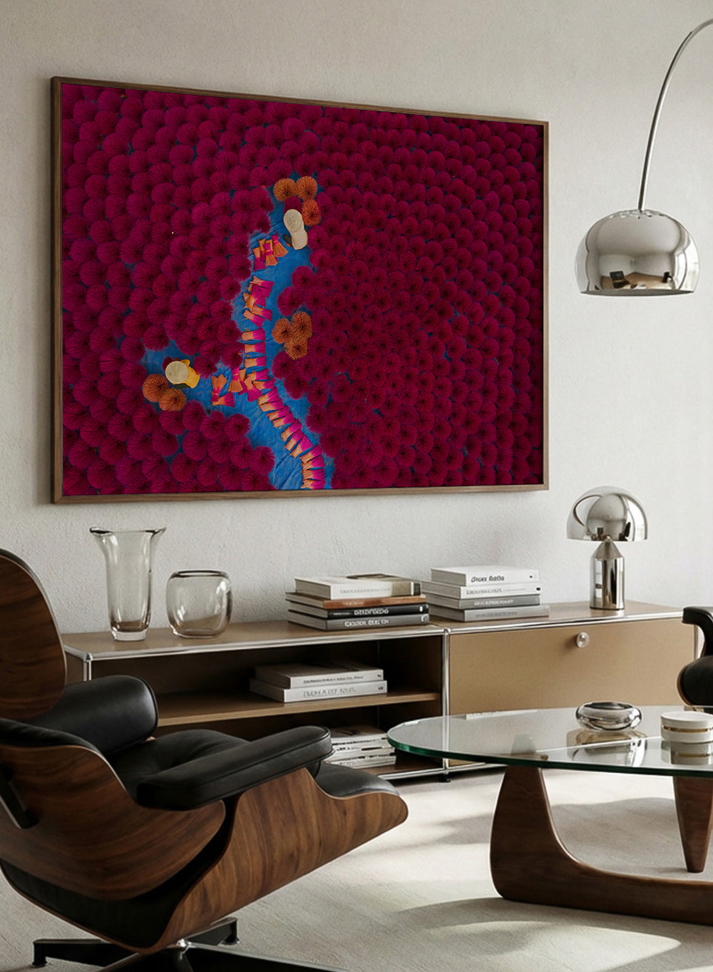 Drying Incense by Azim Khan Ronnie Aerial Photography print showing Vietnamese incense workers in Hanoi with vibrant red bundles, cultural documentary wall art poster.