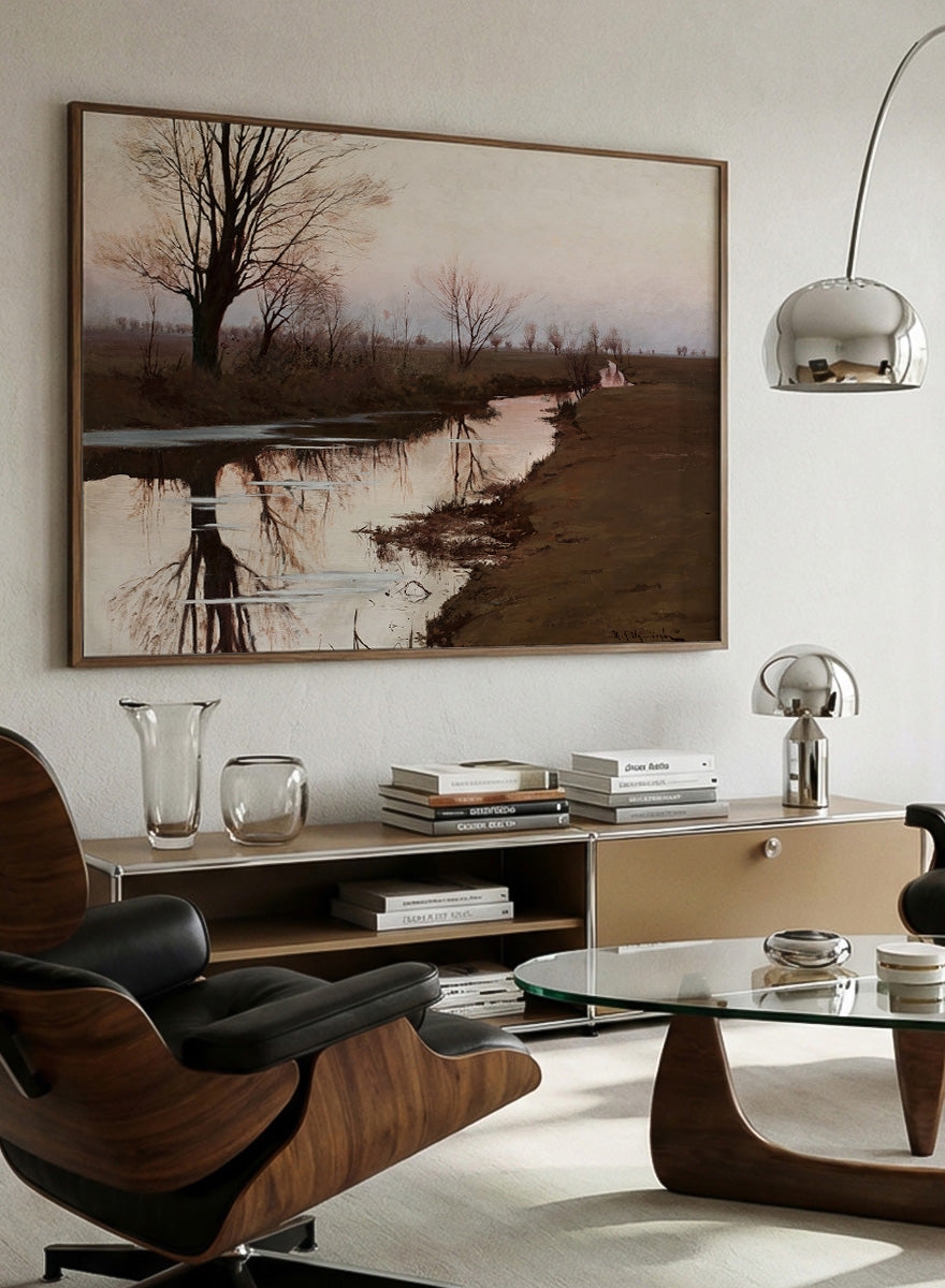 Shop Autumn Landscape with a River by Michał Gorstkin-Wywiórski, a vintage Polish landscape wall art print poster featuring a quiet autumn river in brown tones.