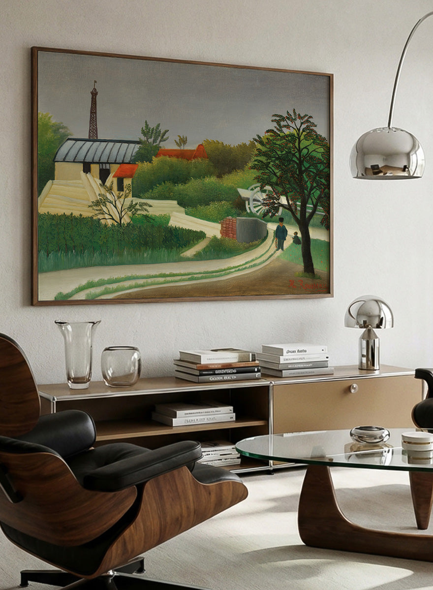 Shop Scierie aux environs de Paris by Henri Rousseau, a vintage French landscape art print with green fields, red roofs, a sawmill, and Paris charm.