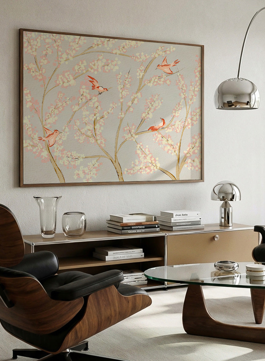 Shop Pink Birds Spring Blossoms by Nikita Jariwala, a delicate bird and floral wall art print with pink blossoms, coral birds, and a soft gray beige botanical backdrop.