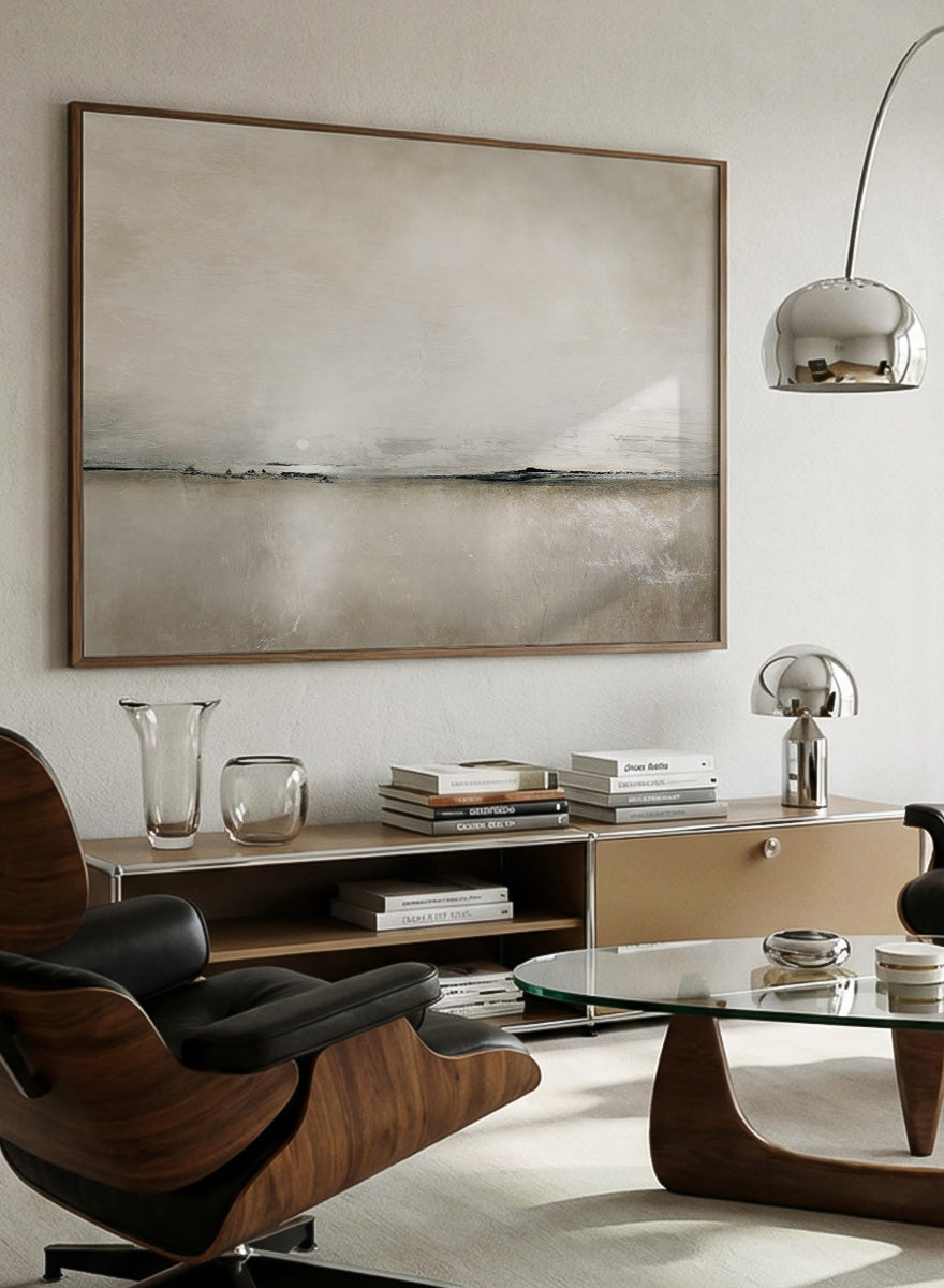 Shop Sunlight Bay by Dan Hobday, a soft coastal landscape art print featuring a pale horizon, warm neutral tones, subtle sunlight, and layered texture.