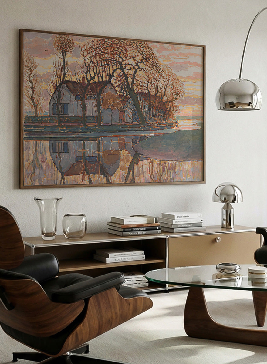 Shop Farm near Duivendrecht by Piet Mondrian, a vintage landscape wall art print poster featuring a farmhouse, bare trees, and reflections in soft brown tones.