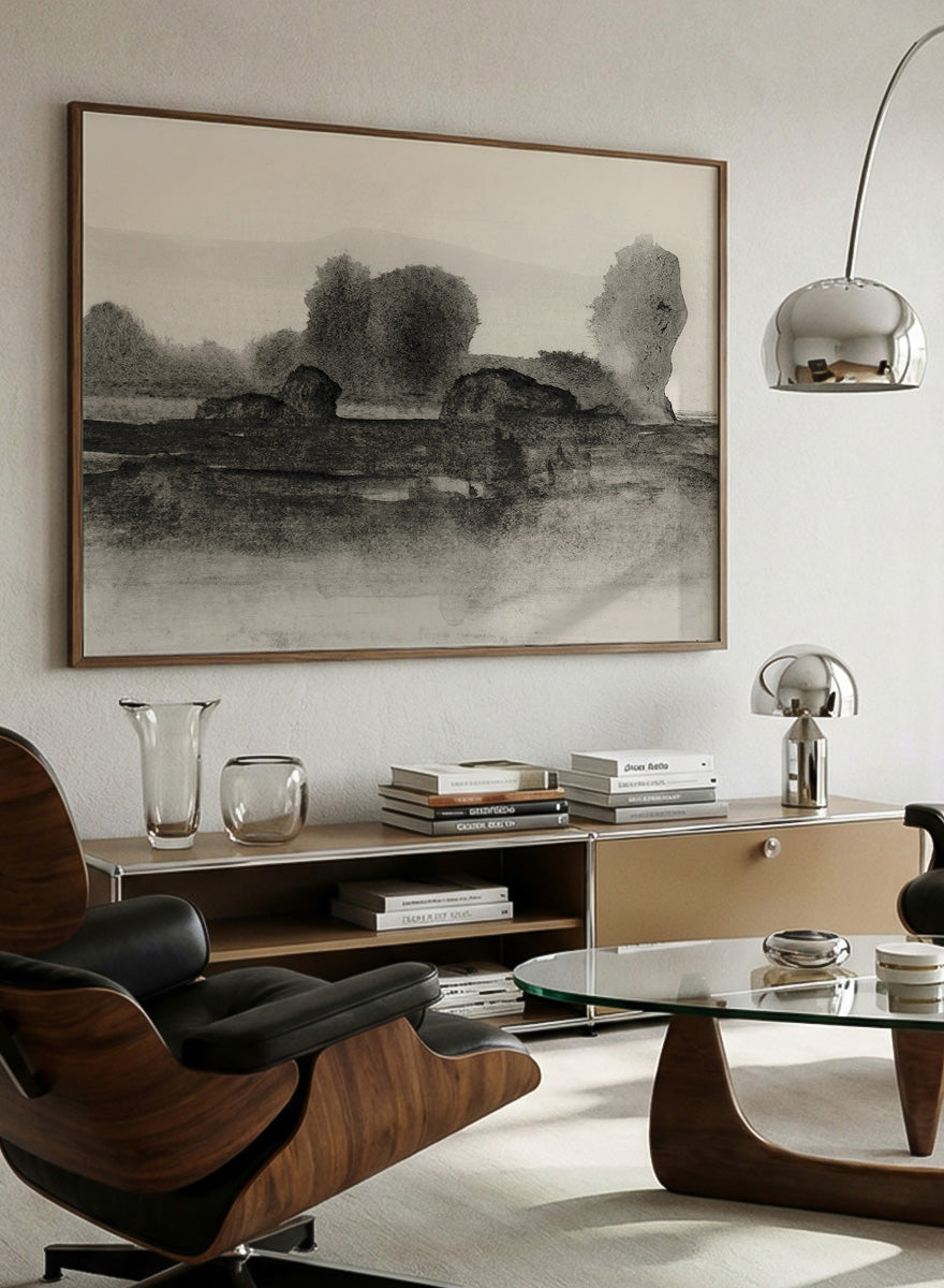 Shop Land No. 02 by Dan Hobday, a moody landscape art print featuring dark trees, layered fields, muted neutral tones, and soft atmospheric texture.