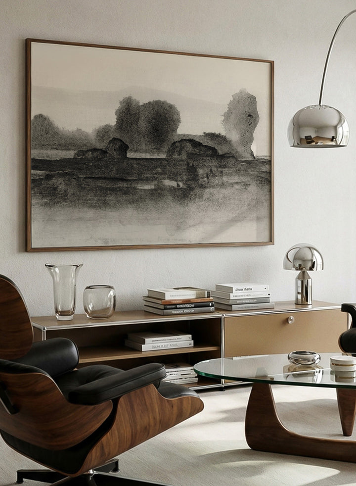 Shop Land No. 02 by Dan Hobday, a moody landscape art print featuring dark trees, layered fields, muted neutral tones, and soft atmospheric texture.