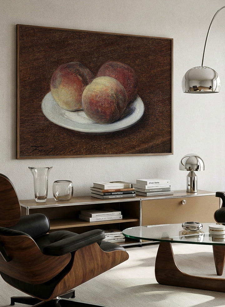 Shop Three Peaches on a Plate by Henri Fantin-Latour, a vintage still life wall art print poster featuring ripe peaches on a white plate in warm brown tones.
