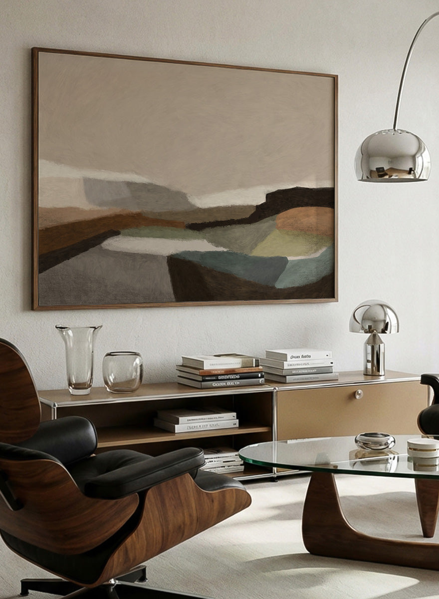 Shop Montego by Dan Hobday, a contemporary landscape art print featuring earthy brown, olive, taupe, gray, and muted blue with simplified layered forms.