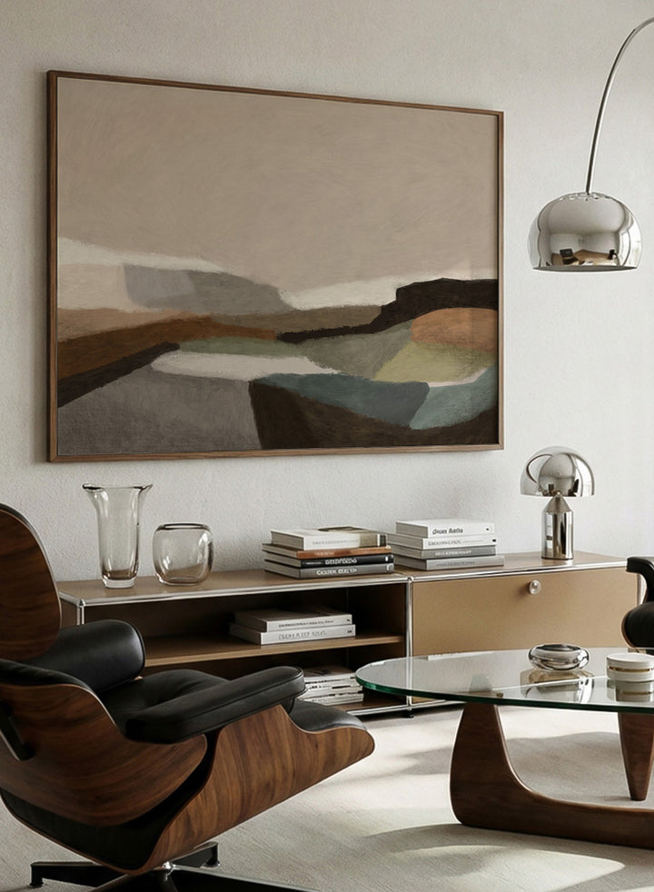 Shop Montego by Dan Hobday, a contemporary landscape art print featuring earthy brown, olive, taupe, gray, and muted blue with simplified layered forms.