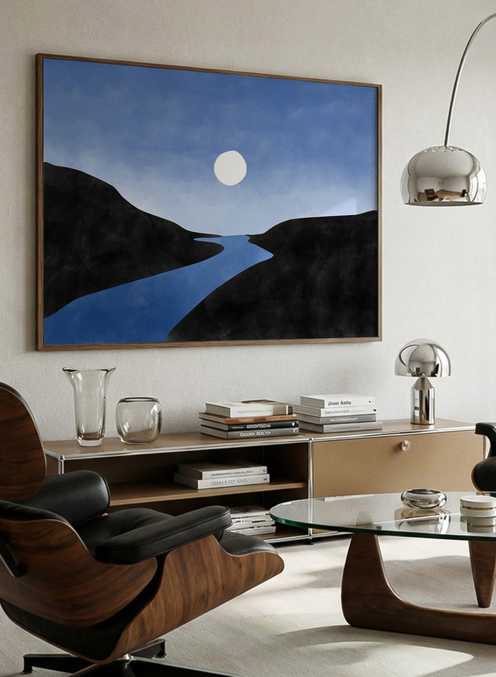 Shop Serene Moon River by Elena Ristova, a modern landscape wall art print poster featuring a winding blue river, dark hills, and a glowing white moon.