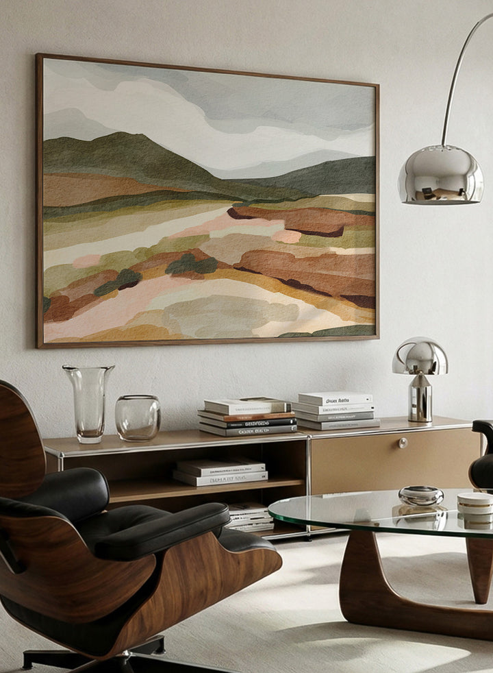 Shop Muted Mountain Landscape by Nikita Jariwala, a modern mountain wall art print poster with abstract hills, olive green, brown, cream, blush, and charcoal tones.