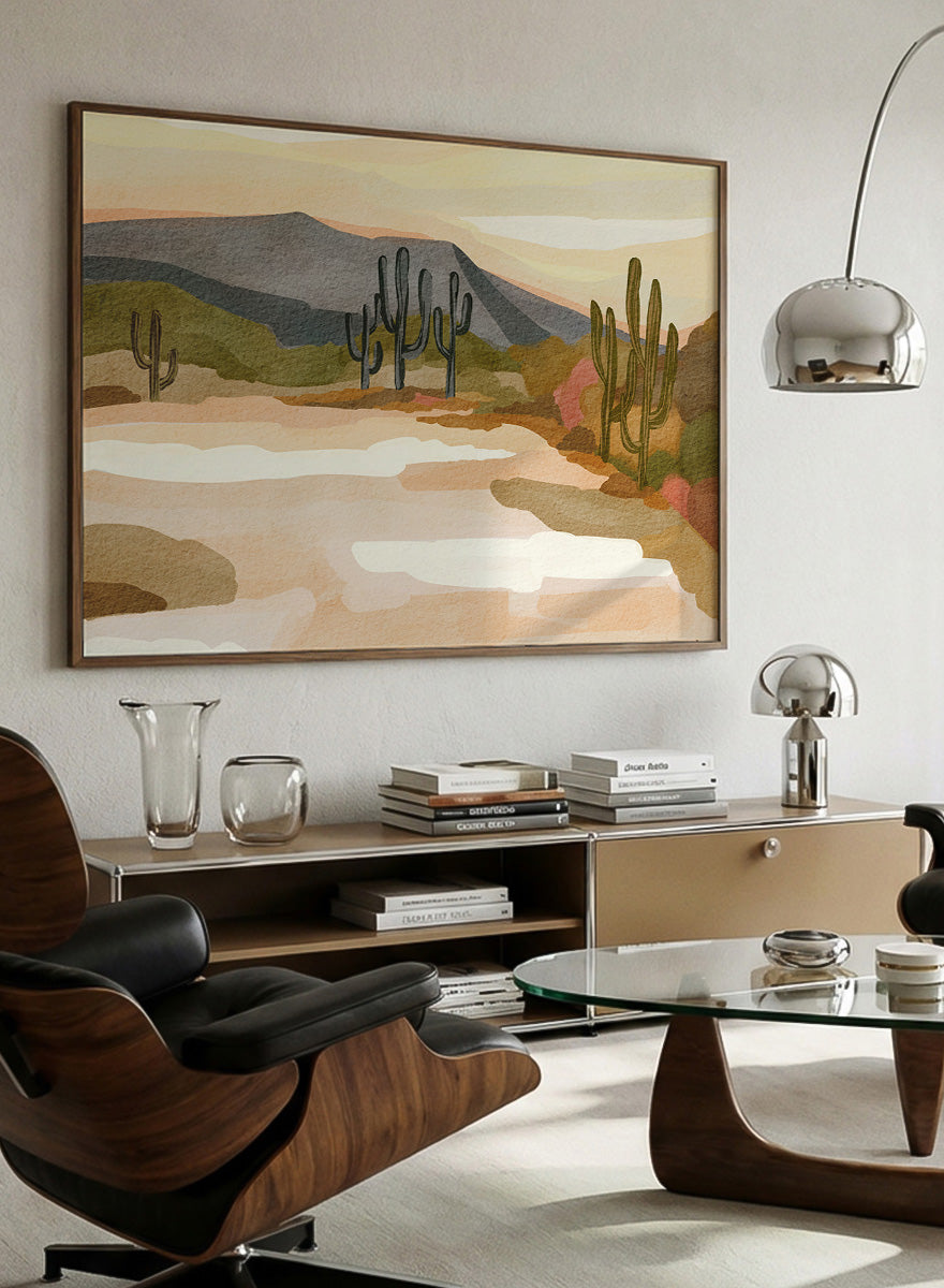 Shop Muted Mountain Landscape by Nikita Jariwala, a modern mountain wall art print poster with abstract hills, olive green, brown, cream, blush, and charcoal tones.